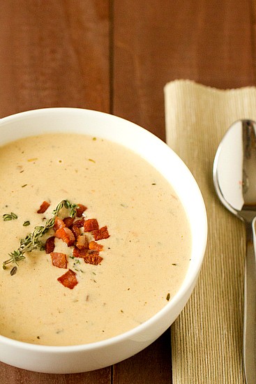 Cheddar and ale soup with potato & bacon