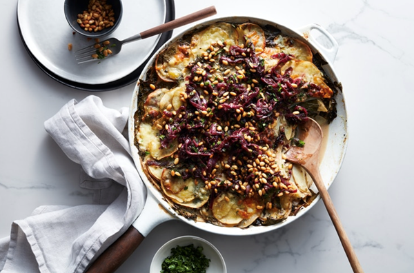 Cheddar and brown-butter pine nuts gratin