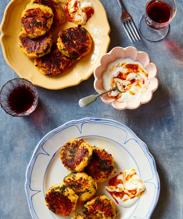 Cheddar and kale potato cakes with lime pickle dip