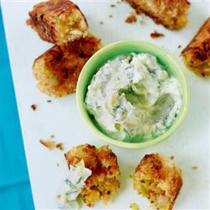 Cheddar and leek croquettes with raita dip