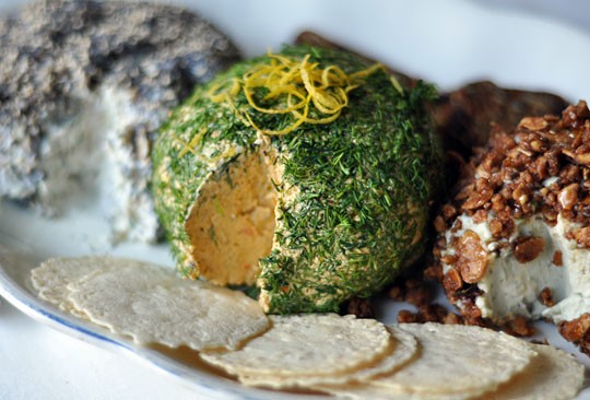 Cheddar and olive cheese ball with Dijon, lemon, and dill