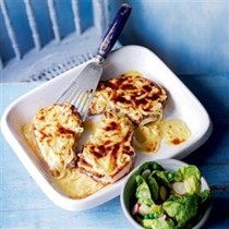 Cheddar and onion pork chops with crunchy pea salad
