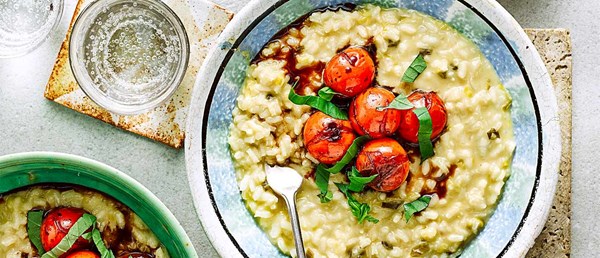 Cheddar and spring onion risotto with balsamic tomatoes