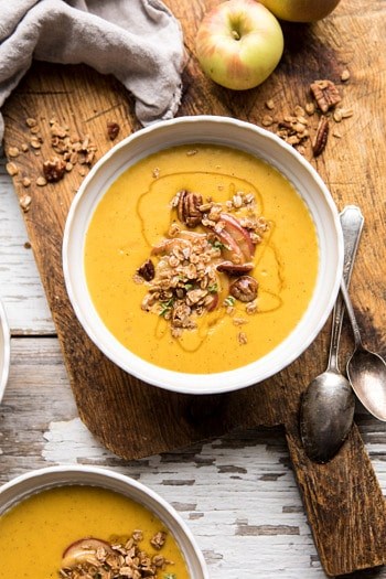 Cheddar apple butternut squash soup with cinnamon pecan crumble