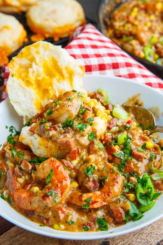 Cheddar biscuits and shrimp and andouille gravy