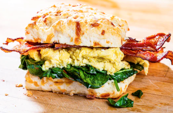 Cheddar biscuits with bacon, spinach and eggs