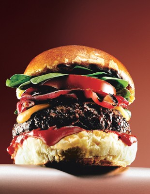 Cheddar burgers with balsamic onions and chipotle ketchup