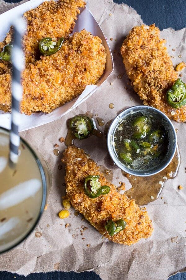 Cheddar cornbread chicken fingers with jalapeño honey butter