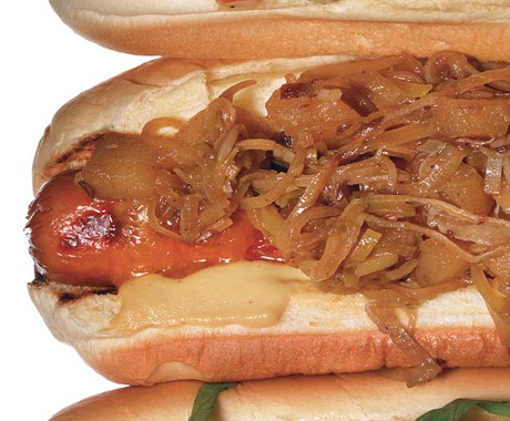 Cheddar dogs with cider-braised leeks and apples