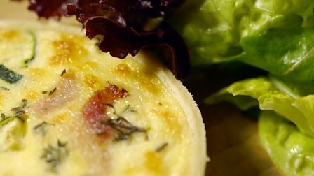 Cheddar, smoked bacon and courgette quiches