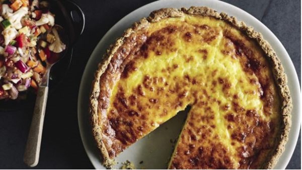 Cheddar tart with chia, pumpkin and linseed crust and English pickle