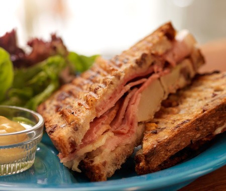 Cheddar with smoked ham, poached pear, and mustard