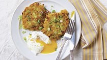 Cheddar-zucchini pancakes with poached eggs