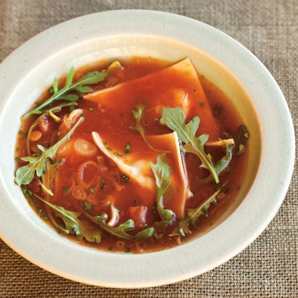 Cheese & arugula ravioli soup