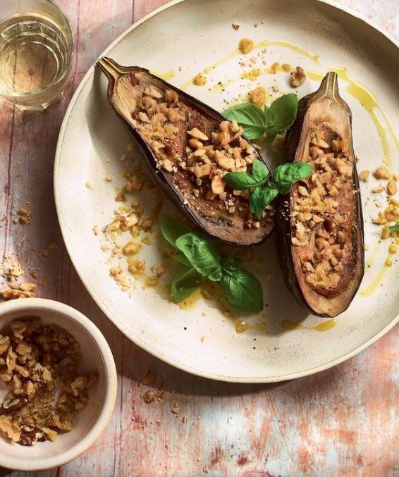 Cheese & walnut-stuffed aubergines