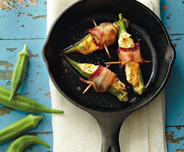 Cheese and bacon okra poppers