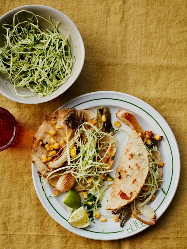 Cheese and corn quesadillas with roast salad onions