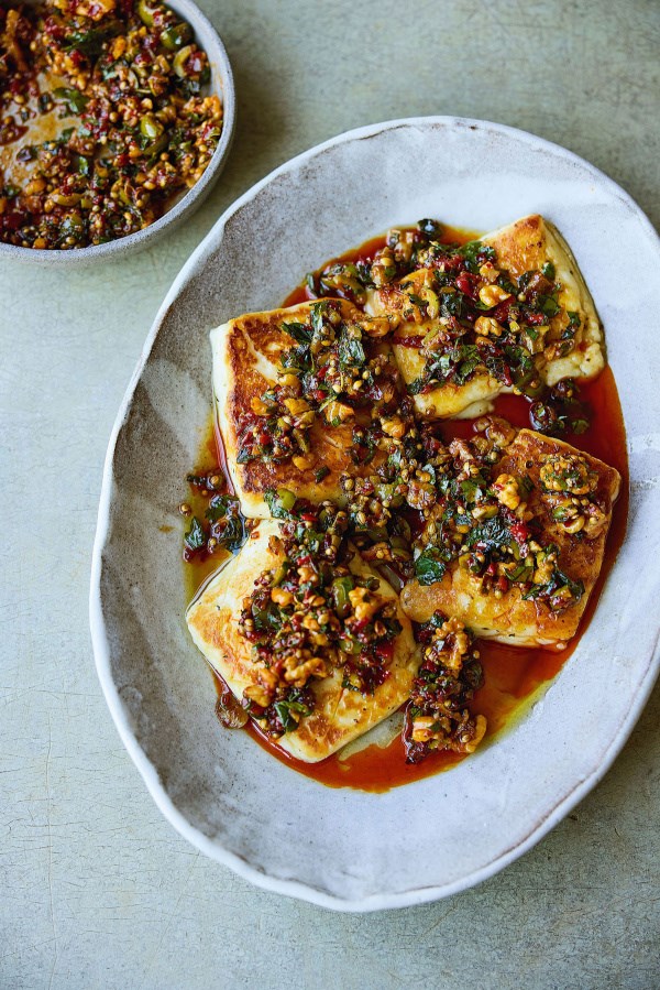 'Cheese and olives’: halloumi with spicy olives and walnuts