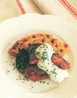 Cheese and onion waffles with herbed mascarpone and roast tomatoes