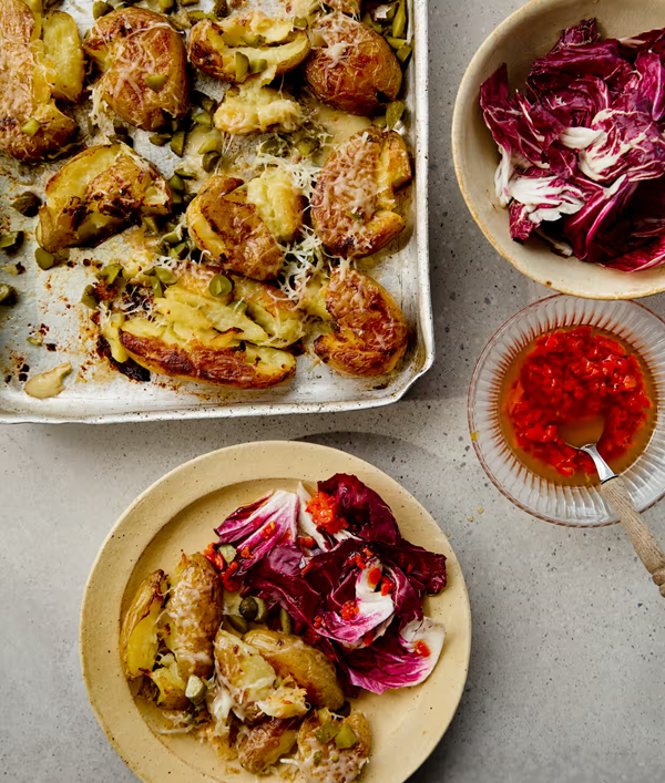 Cheese and pickle roast potatoes with chilli leaves