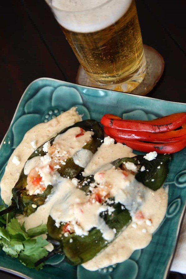 Cheese and shrimp stuffed poblanos (Chile rellenos de camaron y queso)