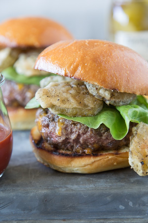 Cheese bellied fried pickle burgers