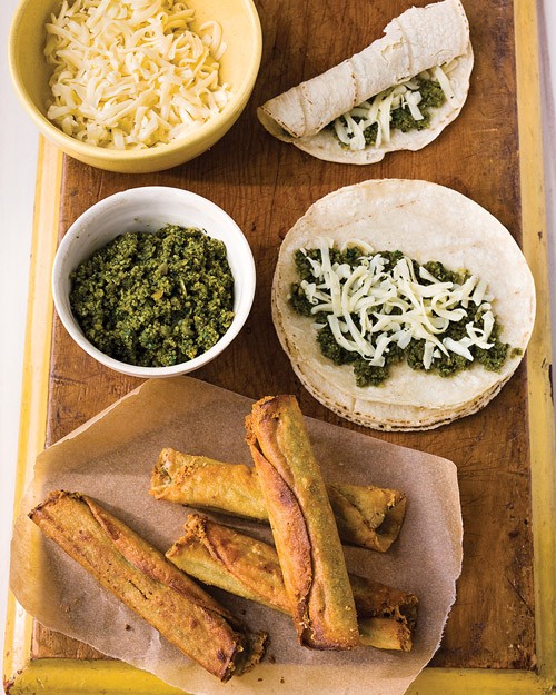 Cheese flautas with cilantro pesto