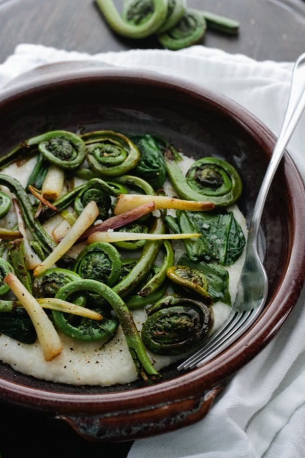 Grits with fiddleheads and ramps