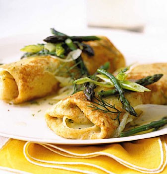 Cheese matzo blintzes with asparagus and dill