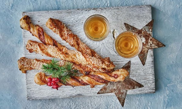 Cheese, mustard and cayenne straws, and dried shrimp and sesame straws