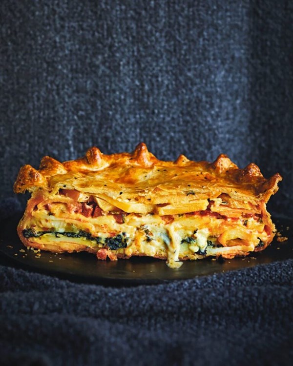 Cheese, potato, swede and chorizo pie 
