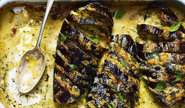 Cheese-topped baked aubergines