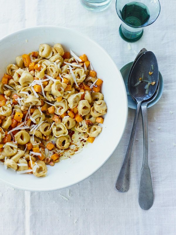 Cheese tortellini with butternut hash and toasted hazelnuts