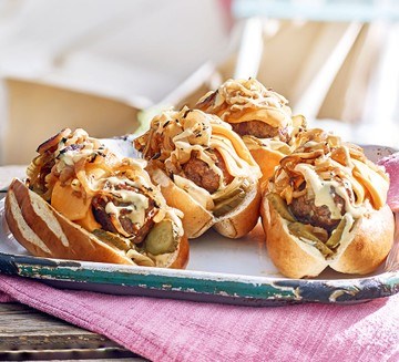 Cheeseburger hot dogs with sticky sweet & sour onions