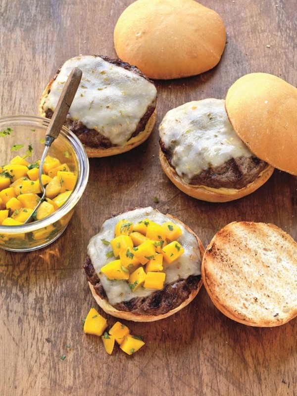 Cheeseburgers with mango-chile salsa