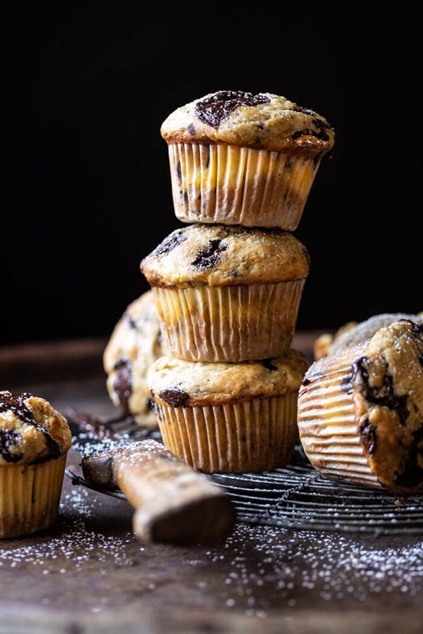 Cheesecake stuffed chocolate chunk banana bread muffins