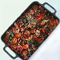 Cheesy baked borlotti beans, bacon, spinach and onions