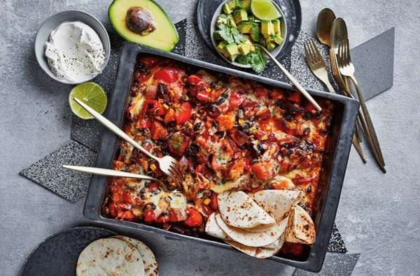 Cheesy baked chipotle black beans with chorizo