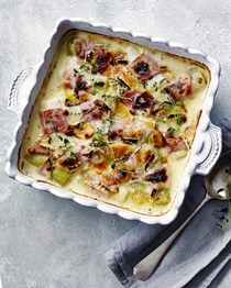 Cheesy baked leeks and ham