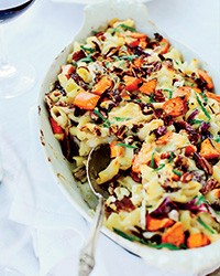 Cheesy baked pasta with sweet potatoes and radicchio