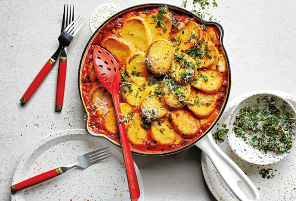 Cheesy baked polenta in tomato sauce