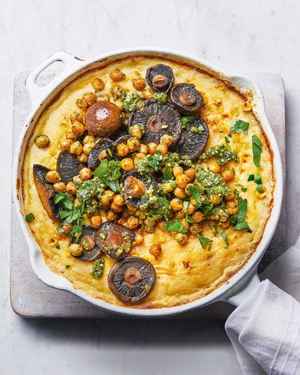 Cheesy baked polenta with garlic butter mushrooms & chickpeas