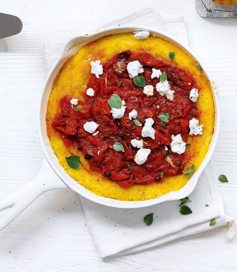 Cheesy baked polenta with grilled cherry tomato sauce