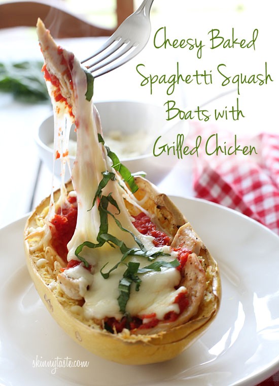 Cheesy baked spaghetti squash boats with grilled chicken