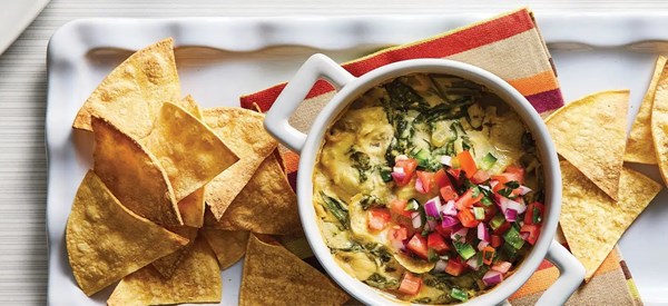 Cheesy baked spinach dip [homemade tortilla chips; pico de gallo]