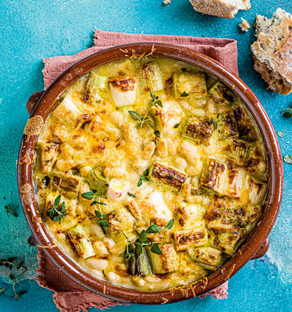 Cheesy bean and leek gratin [Sophie Wyburd]