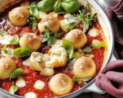 Cheesy bread balls in tomato sauce