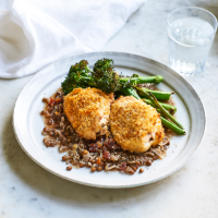 Cheesy breaded chicken with zaatar lentils