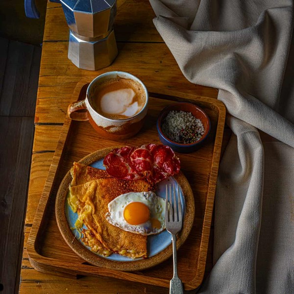 Cheesy buckwheat crepes with egg and ham