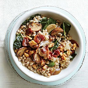 Cheesy buckwheat with kale and mushrooms